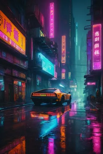 Cyberpunk cityscape, futuristic neon lights, vibrant glow, dark alleys, towering skyscrapers, holographic advertisements, rainy night, misty atmosphere, neon reflections on wet pavement, distant hum o