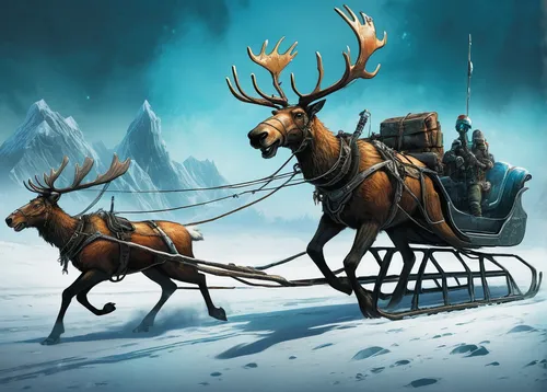 In a post-apocalyptic world, a makeshift sleigh propelled by robotic reindeer speeds across the frozen wasteland.,sleigh with reindeer,sleigh ride,sleigh,santa claus with reindeer,santa sleigh,reindee