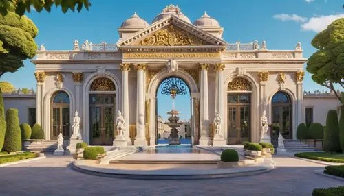 Neoclassical French architecture, grand palace, ornate columns, intricate stone carvings, symmetrical facade, majestic entrance, bronze doors, Baroque-inspired details, statues atop roof, slate roofin