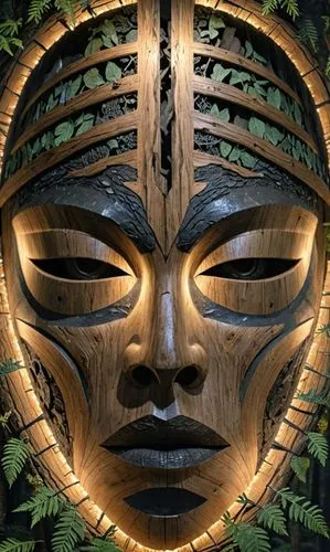 a wood carving depicting an intricately decorated face,wooden mask,wood carving,carved wood,totem,tribal,wood art,woodcarving,avatar,amazonian,shaman,totems,totemic,golden mask,indigenous,heads of roy