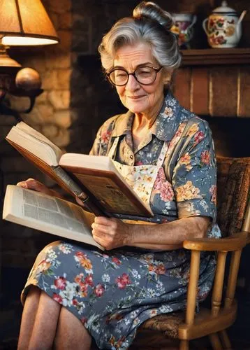 Granny Clampett, elderly lady, 70s, wrinkles, gray hair, messy bun, reading glasses, warm smile, floral dress, apron, wooden cane, sitting, cozy living room, fireplace, bookshelf, vintage furniture, s