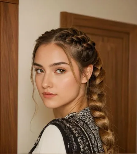 A conceptual art portrait of a beautiful caucasian young woman with long brown hair and a braid, 21 years old, dressed in a white minidress with neckline, standing on her back with her head tilted bac