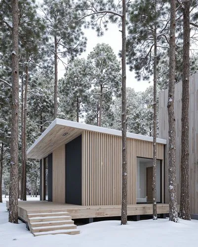 A modern cabin nestled in a snowy pine forest. The exterior features vertical wooden slats, large glass windows, and a dark, minimalist aesthetic. Snow covers the roof and the surrounding ground, crea