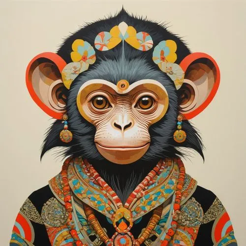 female anthropomorphic monkey ,a painting of a monkey dressed as a woman wearing jewelry,monkey god,chimpanzee,chimp,monkey,simian,monkey soldier,primate,japan macaque,monkey family,monkeys band,macaq