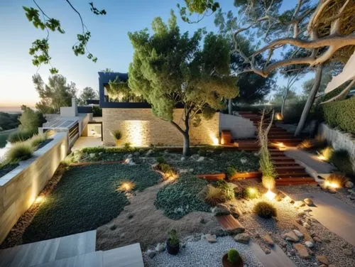 patio moderno junto a casa unifamiliar moderna con vistas a una laguna construida en mamposteria de ladrillos vistos,a large backyard with a tree and walkway,landscape design sydney,landscape designer