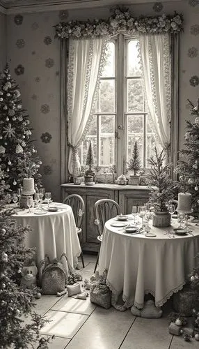 A cultural Christmas wallpaper featuring festive table settings, styled with monochrome tones, evoking a festive and cheerful atmosphere.,a dining room with christmas trees and ornaments around the ta