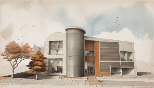 a drawing of the front and side of a modern building,mid century house,biotechnology research institute,school design,dormitory,residence,cube house,dorms,render,cubic house,chancellery,house drawing,