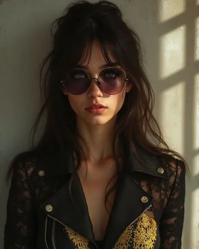 a girl in a jacket and sunglasses leaning against a wall,sunglasses,shades,aviators,sun glasses,color glasses,portrait background