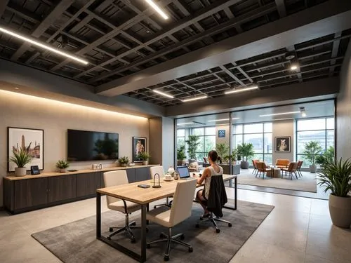 Modern office layout, minimalist design, ergonomic furniture, collaborative workspaces, acoustic panels, natural light optimization, flexible modular systems, sleek metallic accents, calming color sch