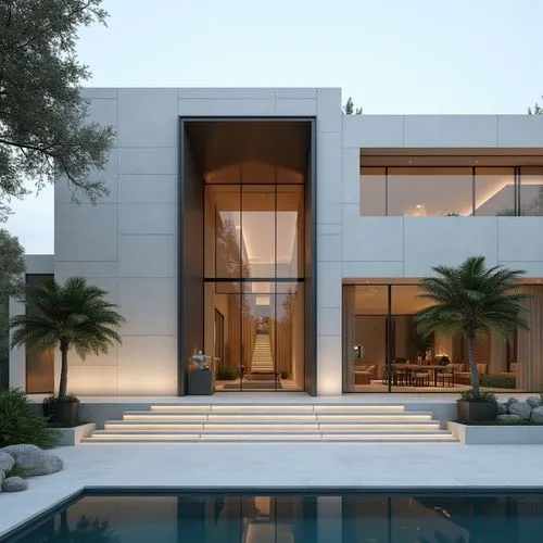 A hyper-realistic, high-resolution architectural photograph capturing a grand, ultra-modern luxury mansion at twilight. The building’s façade is composed of smooth white stone panels contrasted with s