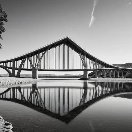 The image is a black and white illustration of a bridge spanning over a body of water. The bridge has multiple arches and is supported by sturdy pillars that are anchored into the riverbed below. The 