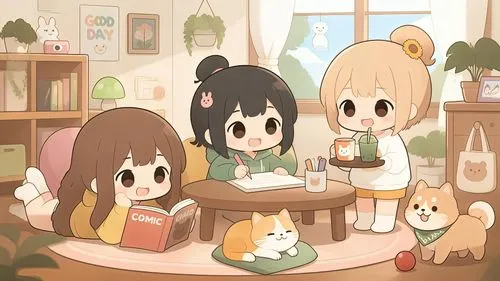 a girl reading a book with some cats,cat's cafe,dog cafe,bookworms,study room,teatime,children studying,tea party,watercolor cafe,coffee shop,tutoring,fluffy diary,cafe,tea and books,nook,reading,to s
