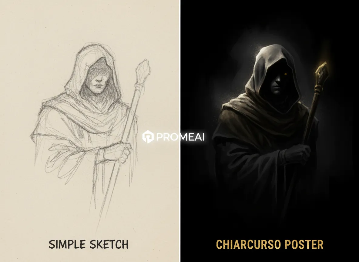 Confronto fianco a fianco che mostra uno schizzo semplice trasformato in un dettagliato poster con illuminazione a chiaroscuro utilizzando PromeAI.