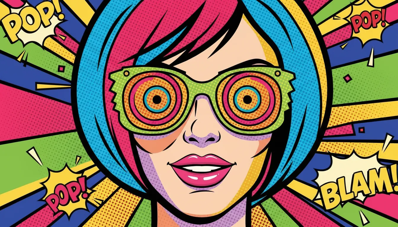 Un vivace ritratto Pop Art di una donna con occhiali da sole, creato con PromeAI, caratterizzato da una palette di colori audaci e motivi a punti mezzitoni.
