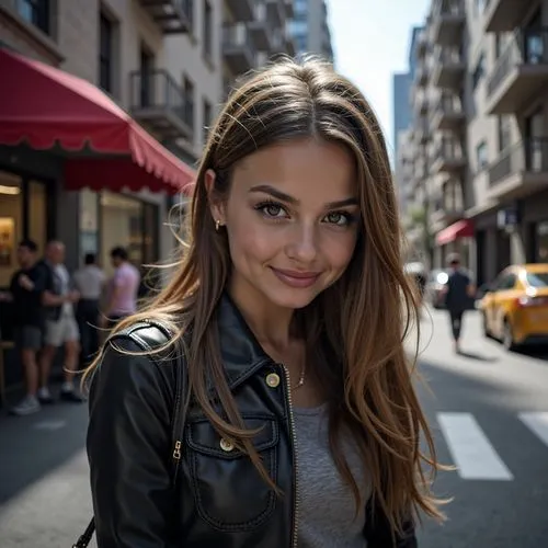  a girl in new york,a woman in a black leather jacket is posing for a po,madeleine,street shot,parisienne,jourdan,on the street,ophelie