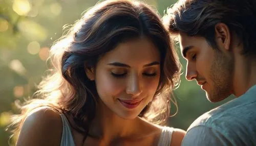  A bittersweet romantic scene between a couple, one girl deeply in love and gazing longingly at her partner, while the other smiles gently but looks unaware of the deep feelings, soft emotional tensio