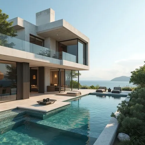 Design a villa with a helipad, infinity pool, and panoramic elevator offering 360-degree views.,a modern home that has been designed to be on a cliff by the water,modern house,pool house,luxury proper