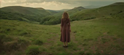 1977 Landscape Wide, a woman standing far from the camera, acid horror, eerie, dramatic, cinematic, folk horror, psychedelic, cosmic, uncanny valley, analog, camcorder, surreal, occultism, paganism, e