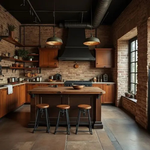 interior design,an industrial style kitchen with exposed brick walls,tile kitchen,kitchen interior,vintage kitchen,kitchen,chefs kitchen,kitchen design,Photography,Documentary Photography,Documentary