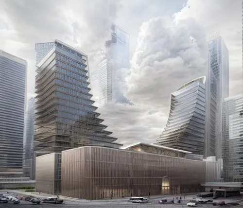 aerial view,distant shot,office building mid rise,commercial building complex,Curved style,Futuristic style,norman foster style,,modern facade,vertical frame,streets,light details,plaza,commercial atm