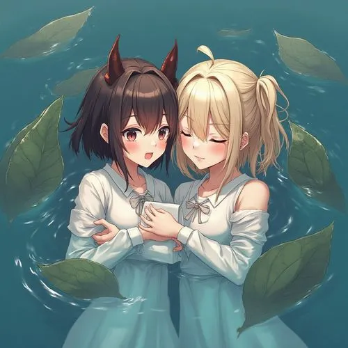 An indoor slightly angled down medium close-up view of two human Sisters hugging each other and placed side by side. The left Sister has demon horns and is holding a white paper bag in its right hand 