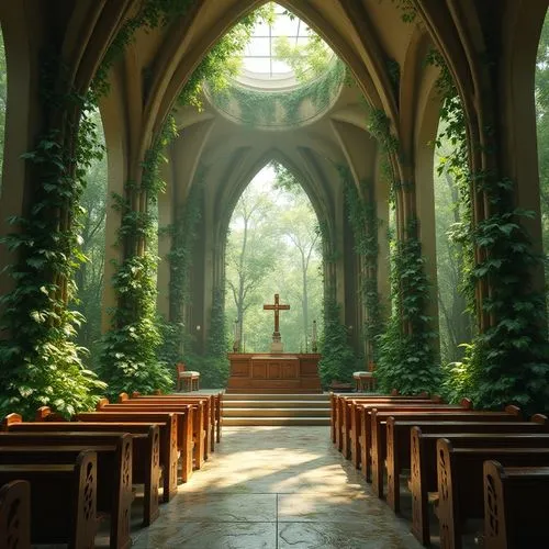 Modern church, green architecture, lush greenery, vines crawling up stone walls, stained glass windows depicting natural scenes, wooden pews with carved leaf patterns, altar made of reclaimed wood, na