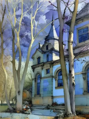 Особняк в парке, весна, солнце ,a painting of a blue building surrounded by trees,trees with stitching,photo painting,facade painting,linden,virtual landscape,digital photo