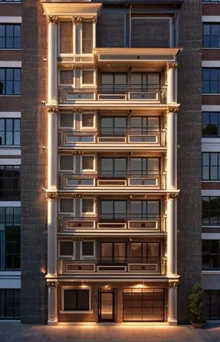 classic exterior building design, reflective window, high resolution, classic design, 6floor building, smart design, two color, high quality, luxury design, clean and clear colum, brick and stone,a ta