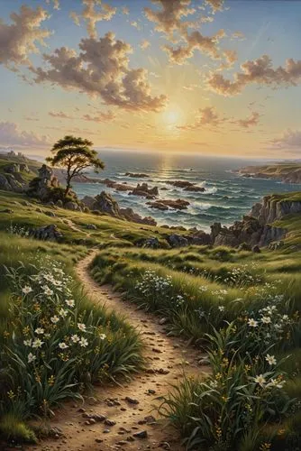 a traditional oil painting of an old master portraying a open amazing lanscape, 8k resolution, highly detailed,the view from the hillside toward the sea, with the sun above,coastal landscape,landscape