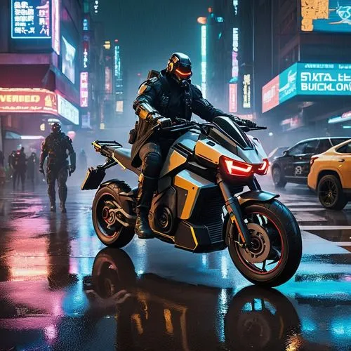 In the heart of Night City, neon lights flicker against the rain-soaked streets. A mercenary leans against his modified hoverbike, exhaling smoke into the humid air. His cybernetic arm whirs softly as