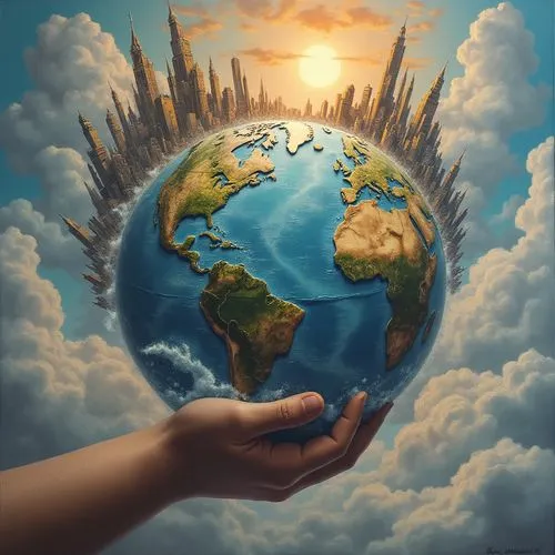 
3-D art. Airbrush art. A very large hand pulls out a large, detailed globe with waterfalls pouring out of it. Behind the globe rise multifaceted, vibrant city structures. Fantasy. Surreal. The sun tr