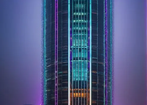 Modern architectural design, futuristic skyscraper, sleek lines, metallic materials, glass facade, abstract shapes, LED lights, nighttime cityscape, urban landscape, towering structure, symmetrical co