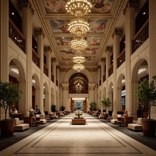 Luxurious bank interior, neoclassical columns, grandiose arches, ornate moldings, polished marble floors, intricate fresco ceilings, lavish chandeliers, rich wood paneling, comfortable leather seating