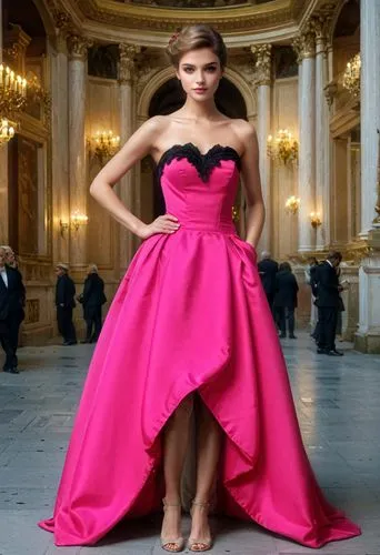 a woman in an bright pink evening gown with a black neckline,ball gown,a floor-length dress,eveningwear,siriano,vestido,evening dress,ballgown,red gown,girl in red dress,ballgowns,man in red dress,gir