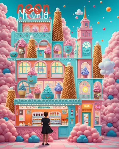 a doll standing outside a candy shop with a woman,ice cream shop,soda shop,ice cream parlor,novella,nestle,neon candies,pastel,soda fountain,cupcake background,pianola,ice cream stand,candy shop,bubbl