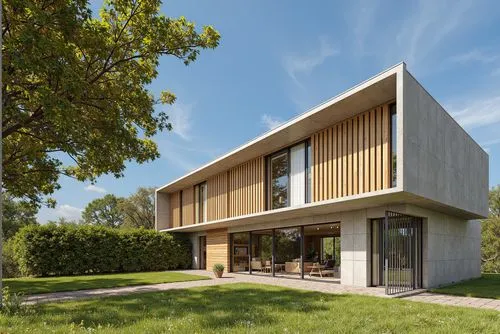 A photo-realistic shoot from a bird's eye view about a modern house with a minimalist design, featuring a concrete facade and wooden slats. the house is situated in a rural area, with a grassy lawn an