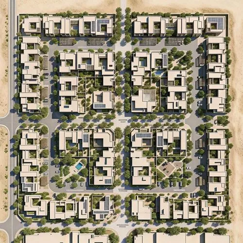 "Develop an aerial view urban plan emphasizing courtyard houses for construction in the Middle East. Design the layout with a focus on pedestrian-friendly elements, clearly delineating sidewalks and i
