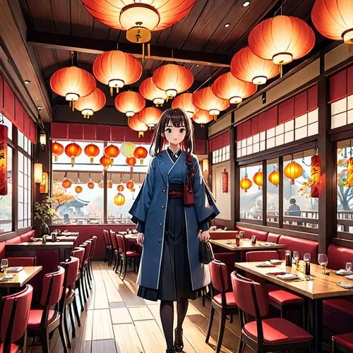 japanese style, manga, realistic,colors,autum,restaurant,the woman is posing in front of a long room,suzumiya,izakaya,japanese restaurant,longmei,nogaideli,nanako,Anime,Anime,General
