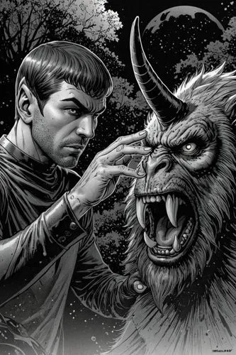 a man standing next to a demon,trekker,sci fiction illustration,daemon,unsnarl,confrontation,primeval times,primeval,demonology,trek,shifters,werwolf,heroic fantasy,druids,satyr,werewolf,northmen,gryp