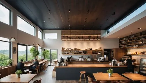 a coffee interior, Realistic, Modern, soft colors, fress look, 12k,a coffee shop with lots of chairs and tables,wine bar,teahouses,snohetta,the coffee shop,breakfast room,teahouse,modern kitchen inter