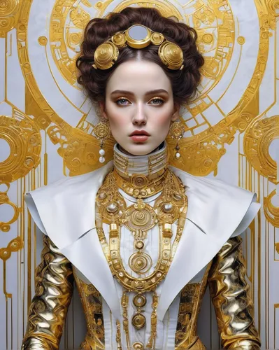 Glamorous pop female artist, full body, victorian cyberpunk, by Gustav Klimt, hyper realistic, ultra detailed, gold white, 16k.,baroque angel,gold lacquer,yellow-gold,elizabeth i,gold wall,gold paint 