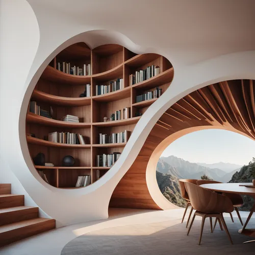 ( study room with wooden bookshelf:1.2) of a house with round lines built into the side of a mountain, a 3D render, unsplash contest winner, hypermodernism, trending on dezeen, white minimalist archit