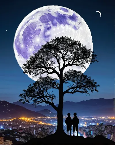 gfsqm, tree, scenery, mountain,silhouette,branch,moon, tree, 2boys, sky, multiple boys, full moon, cityscape, city, branch,best quality,masterpiece,realistic,,jacaranda,purple moon,jacaranda trees,moo