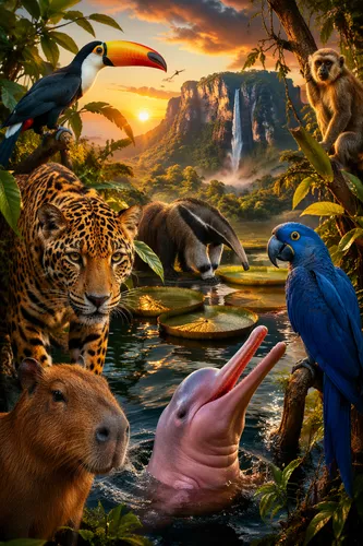 create an extraordinary, stunning random image with exotic animals from Brazil
,some animals are standing around in the forest,tropical animals,hunting scene,animals hunting,feeding animals,animal wor