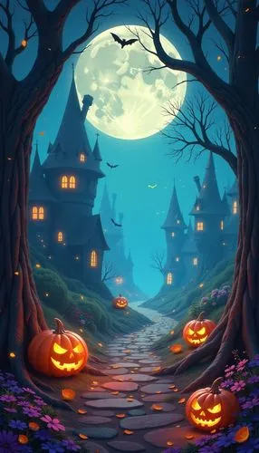 halloween wallpaper,
bright halloween backgrounds, 2d art, playrix art style, soft shadows


,two halloween pumpkins are on a path between trees with houses,halloween background,halloween wallpaper,ha