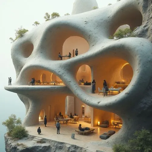 Architectural cut-section of a futuristic, parametric building inspired by natural forms — organic curves, layered spaces, and fluid interiors, with furniture and human activities visible inside. Intr