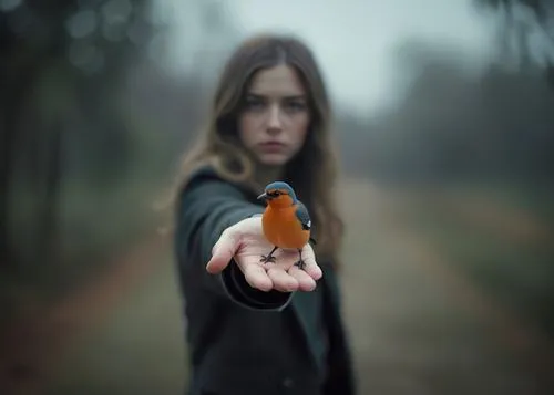 blurred background, birds paradise,a woman points out her finger at a bird,woman holding gun,girl with gun,conceptual photography,photo manipulation,photoshop manipulation,girl with a gun,butterfly is