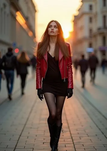 A striking full-body photograph of a beautiful 23-year-old Caucasian woman, with long brown hair cascading to her shoulders, dressed in a black dress with a neckline and a bold red leather jacket, com