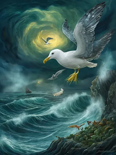Imagine a dramatic scene where a kelp gull saves a lost child in a stormy ocean.,sea swallow,sea-gull,sea gull,kelp gull,birds of the sea,seabird,kelp gulls in love,silver seagull,flying sea gulls,fai