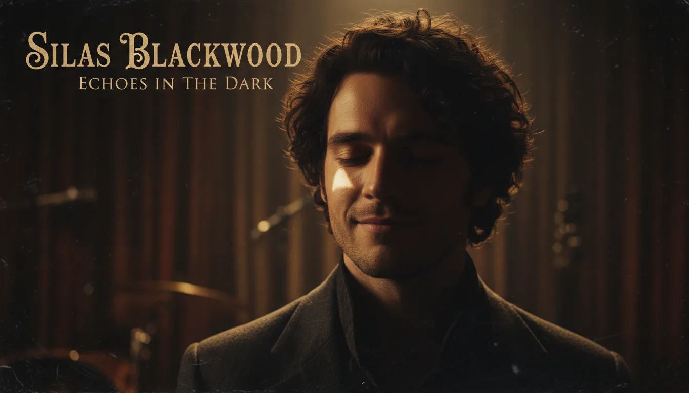 一张AI生成的海报，音乐家的脸一半在阴影中，完美的伦勃朗光照亮了他的脸颊，形成了一个小小的光三角。